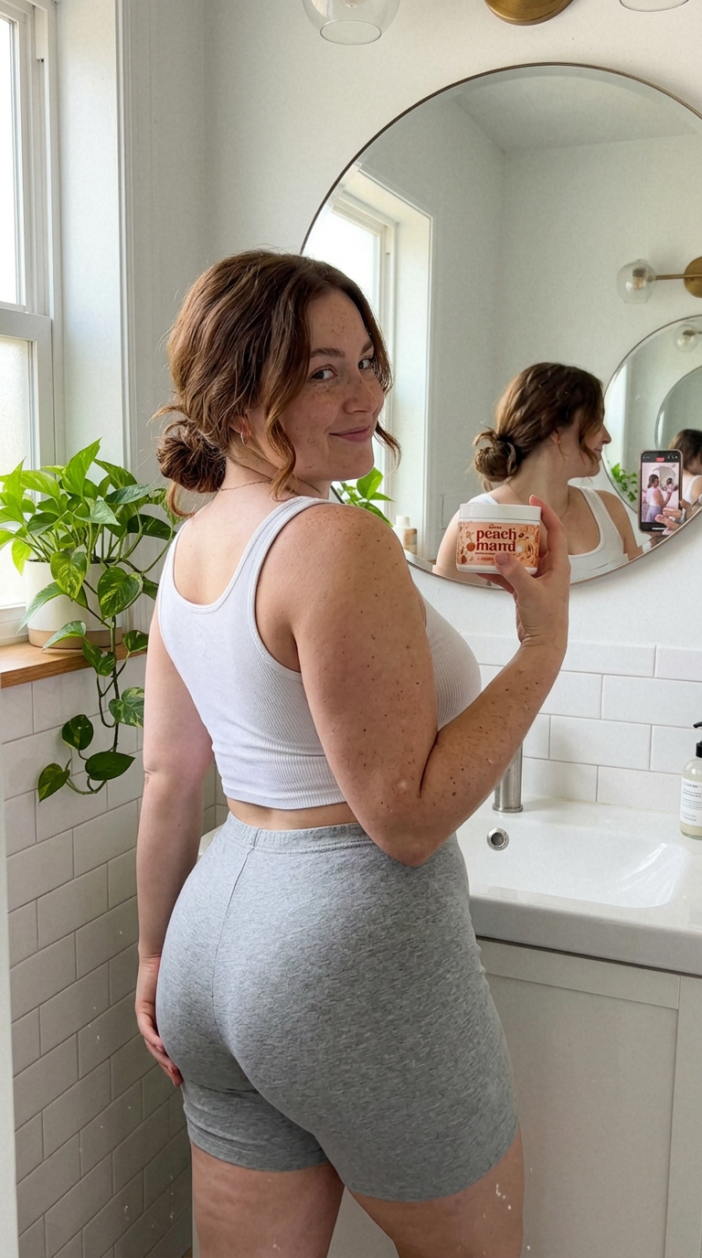 Week 4: looking back at her smoother-looking thighs holding Peach Mami