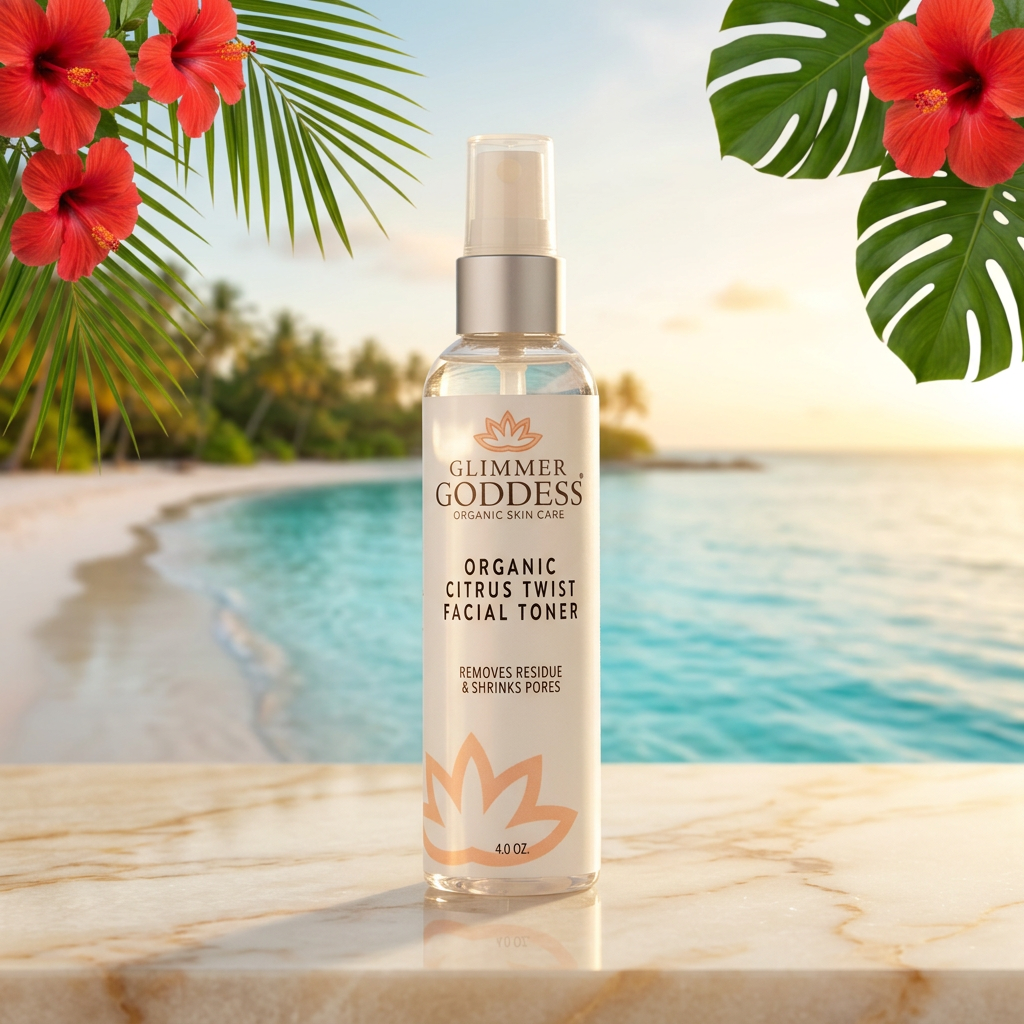 Glimmer Goddess Organic Citrus Twist Facial Toner on a cream marble ledge overlooking a turquoise lagoon, framed by hibiscus and monstera leaves