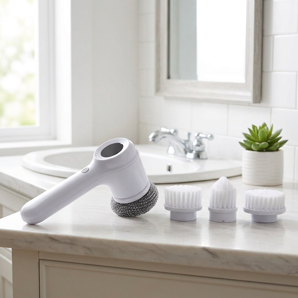 Customer photo of the TurboScrub and its heads on a bathroom counter