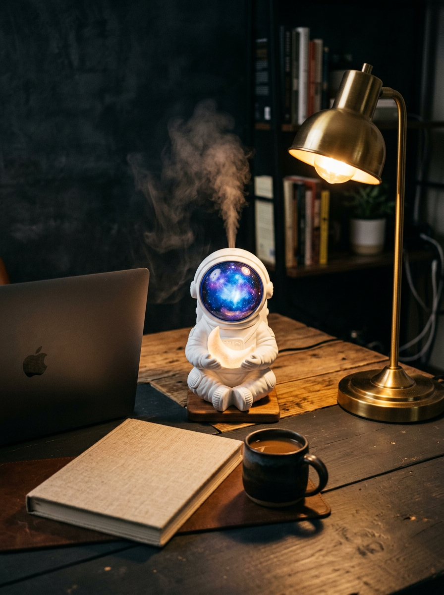 Astronaut humidifier with a glowing visor on a home office desk beside a brass lamp and notebook
