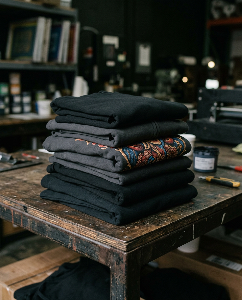 Folded stack of black and charcoal tees and hoodies with a full-color printed graphic