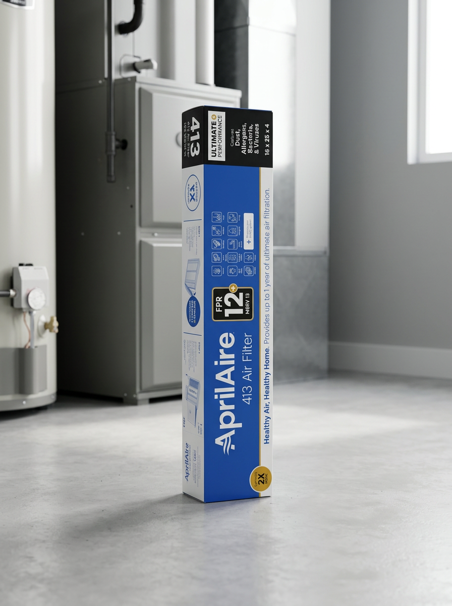 Pleated AprilAire air filter standing beside a furnace