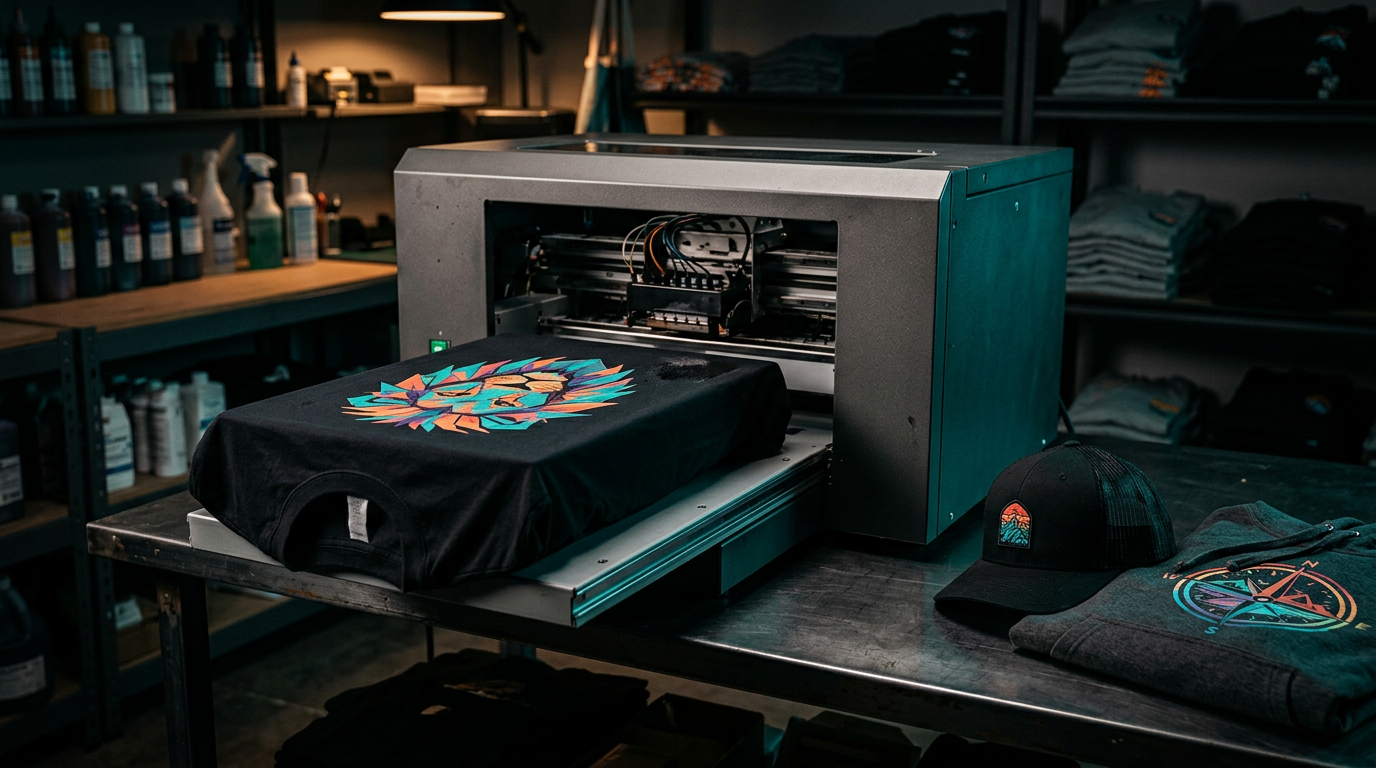 Flatbed direct-to-garment printer with a freshly printed full-color graphic on a black tee loaded on the platen, beside a printed trucker hat and hoodie
