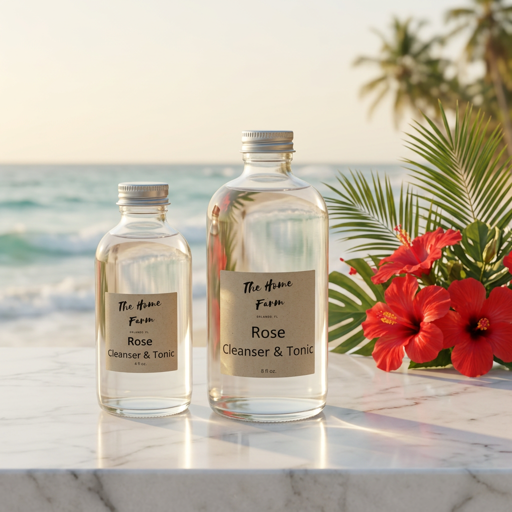 Rose Cleanser & Toner by The Home Farm, styled on stone and linen in a sunlit seaside spa