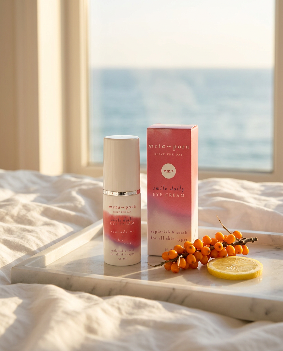 Metapora Smile Daily Eye Cream on a white marble tray with sea buckthorn berries and a lemon slice, the ocean beyond