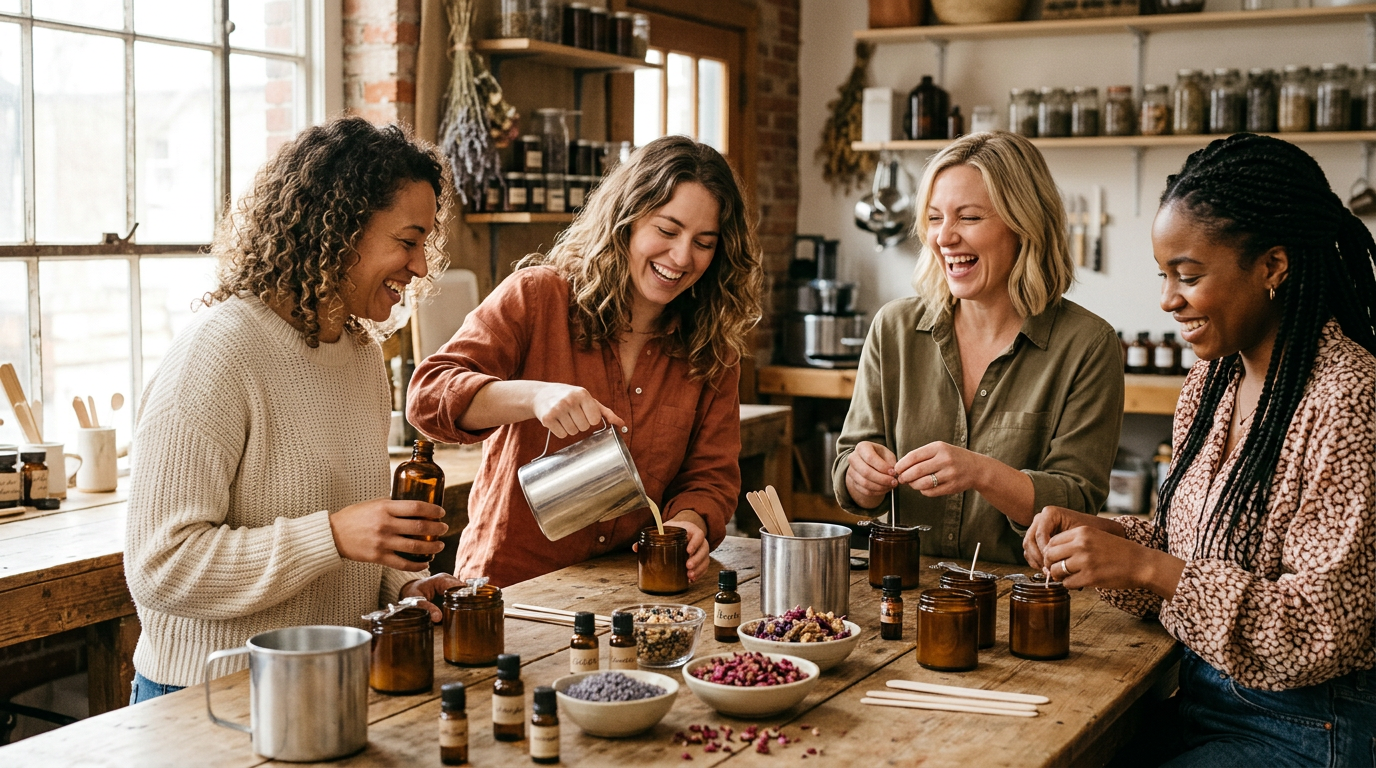 Groupe d'amies qui coulent de la cire dans des pots de bougies lors d'un atelier Atelier Evia