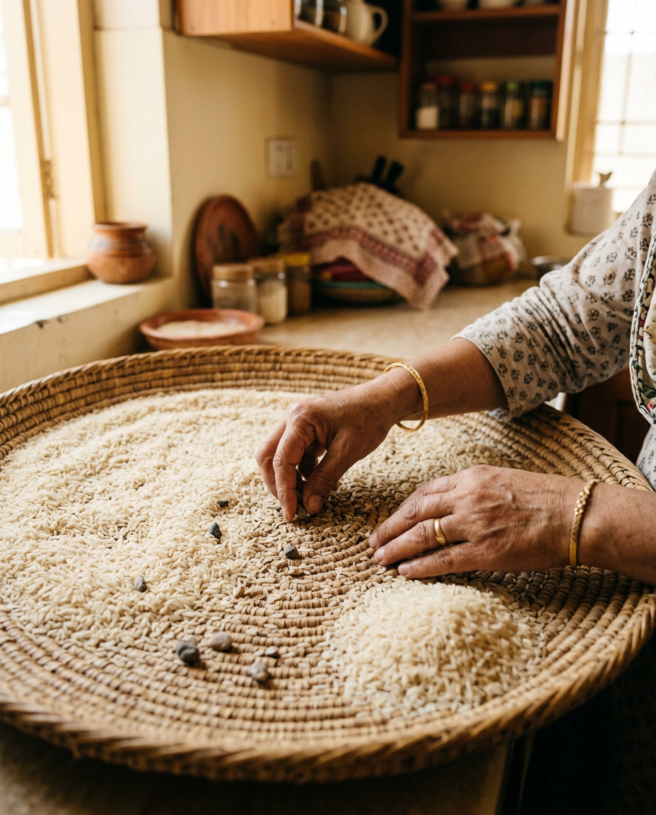 Hands sorting basmati rice on a wicker tray, picking out stones by hand