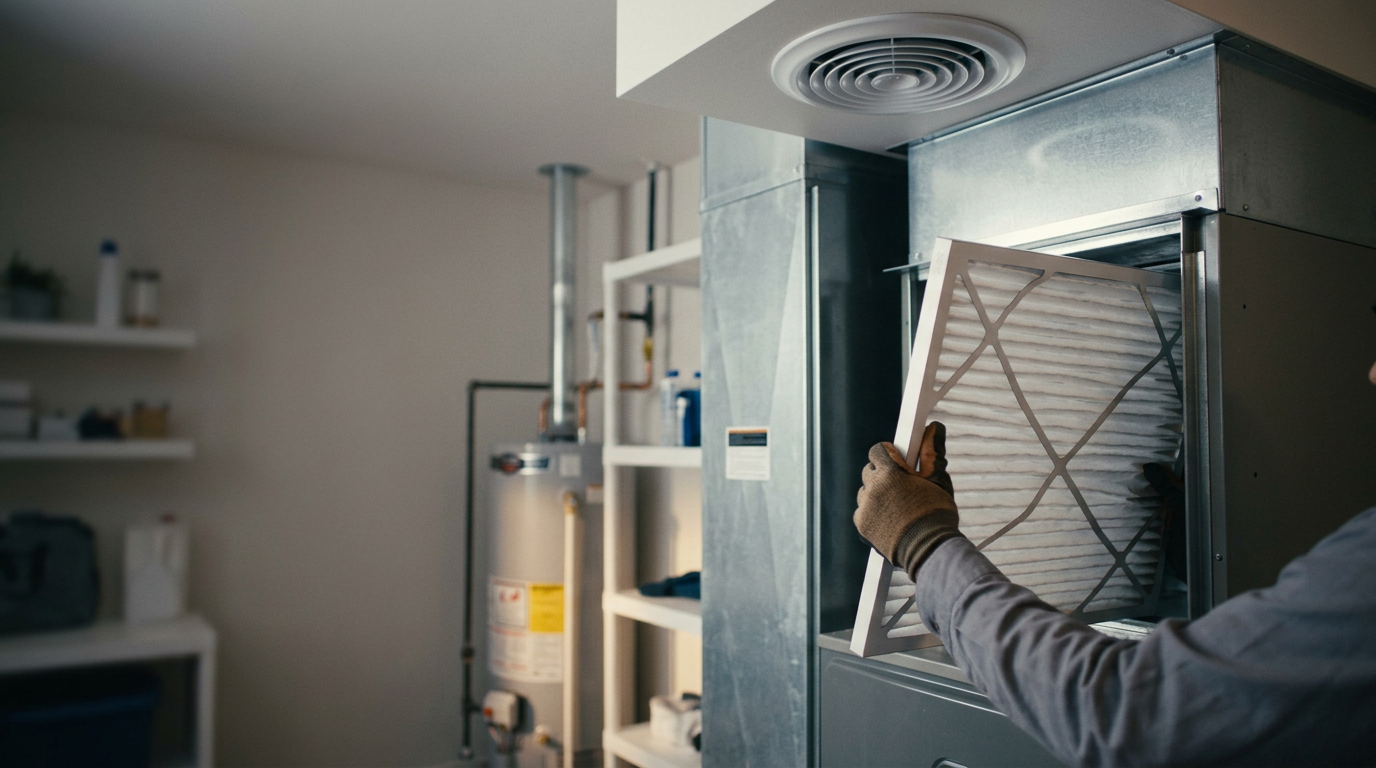 Technician installing a pleated air filter into a home furnace