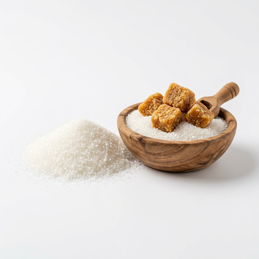 Heap of white cane sugar beside a wooden bowl