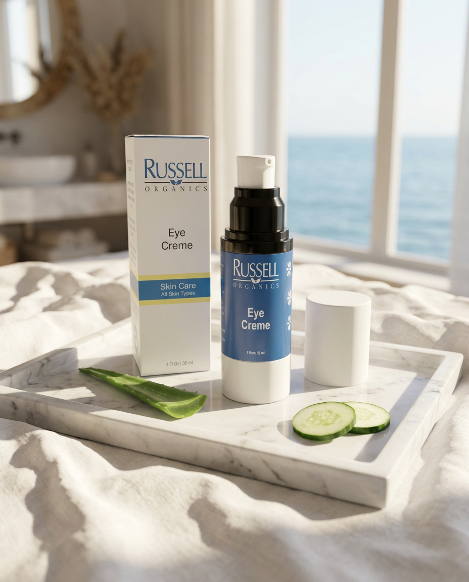 Russell Organics Eye Creme on a white marble tray with aloe vera and cucumber slices, the ocean beyond