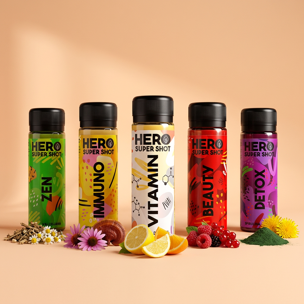Pět shotů HERO Super Shot s přírodními složkami – valeriána, echinacea, reishi, citrusy, maliny, spirulina a pampeliška