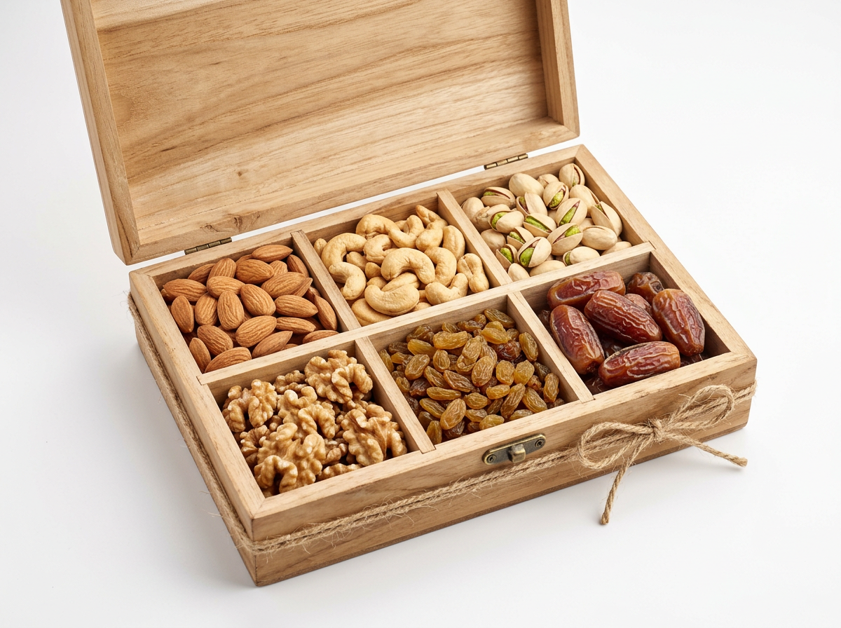 Wooden gift box of almonds, cashews, pistachios, walnuts, raisins and dates