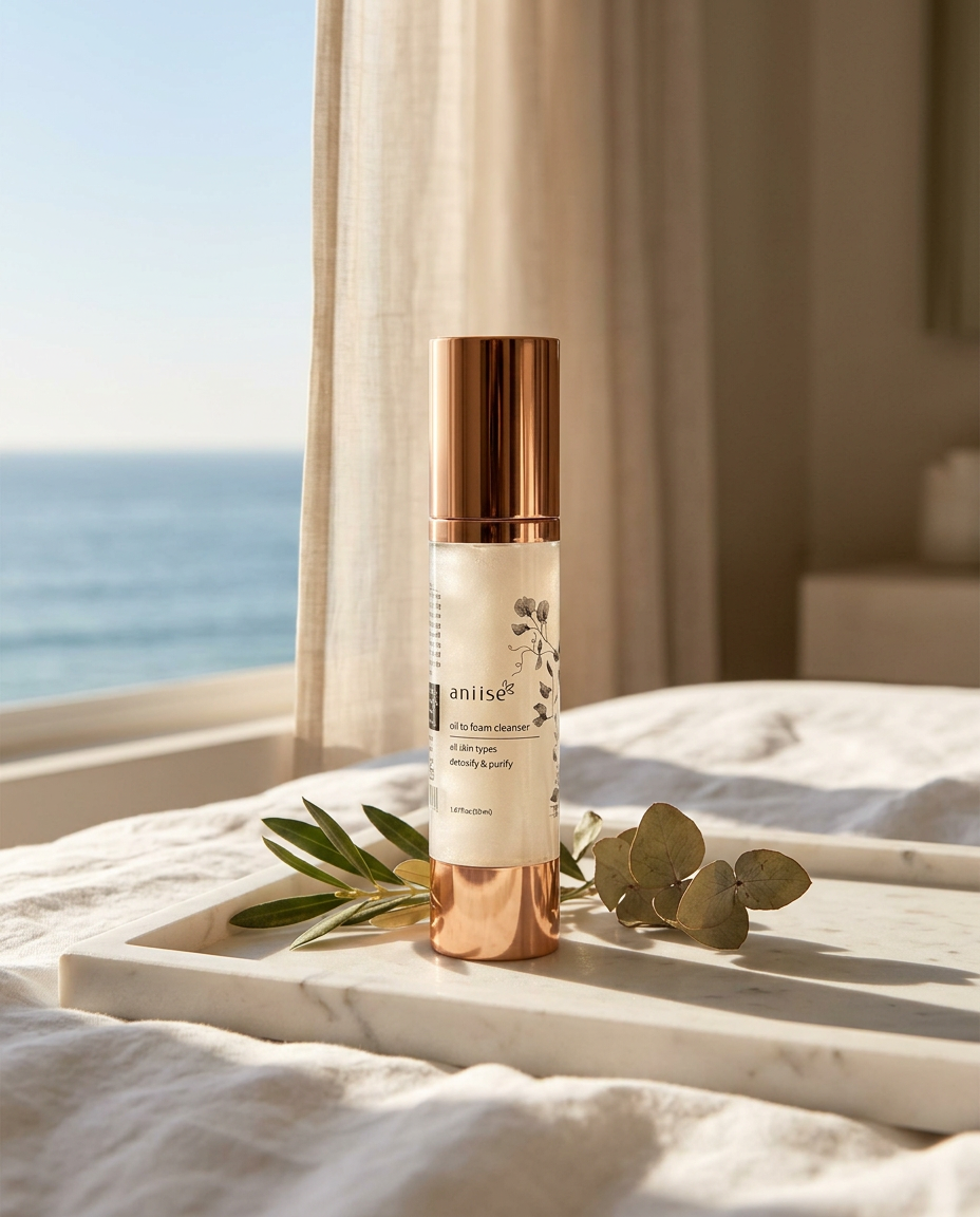 aniise Oil to Foam Facial Cleanser on a white marble tray with olive leaves and eucalyptus, the ocean beyond