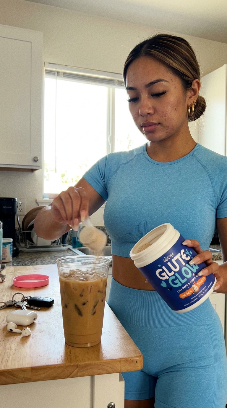 Scooping Glutey Glow into a horchata iced coffee in the kitchen