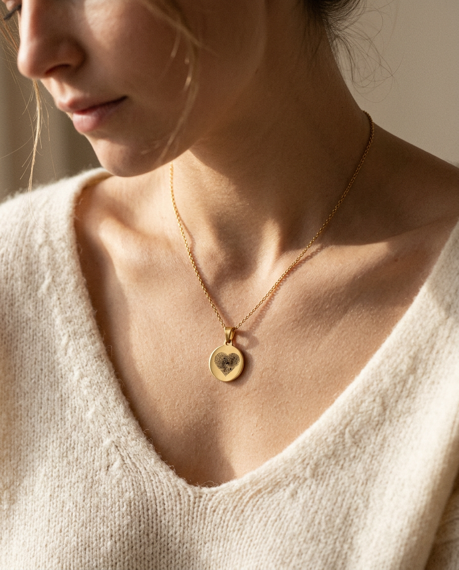 Vrouw draagt een gouden ketting met vingerafdruk hanger