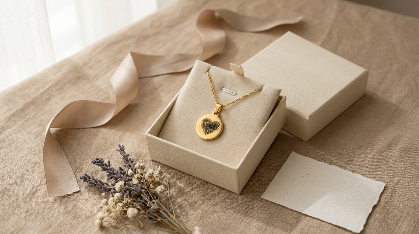 Gouden vingerafdruk ketting in een cadeaudoosje met lint