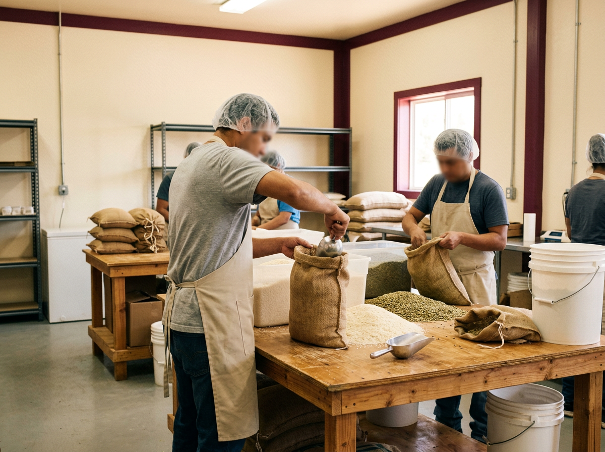 Team packing rice and lentils into natural jute sacks in a clean packing room