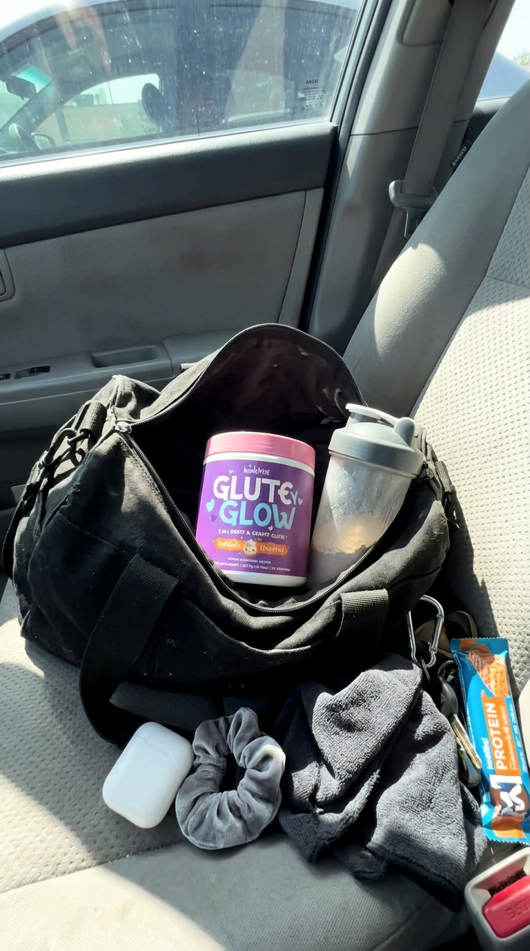 Glutey Glow in an open gym bag