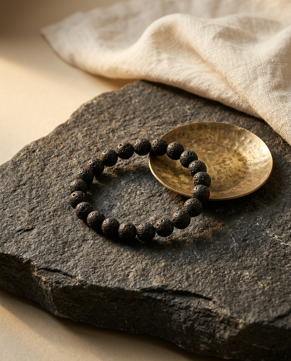 Black lava stone bracelet on dark basalt stone