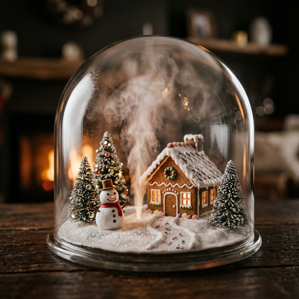 Close-up of the gingerbread-style cottage, frosted pine trees and snowman inside the Winter Village dome