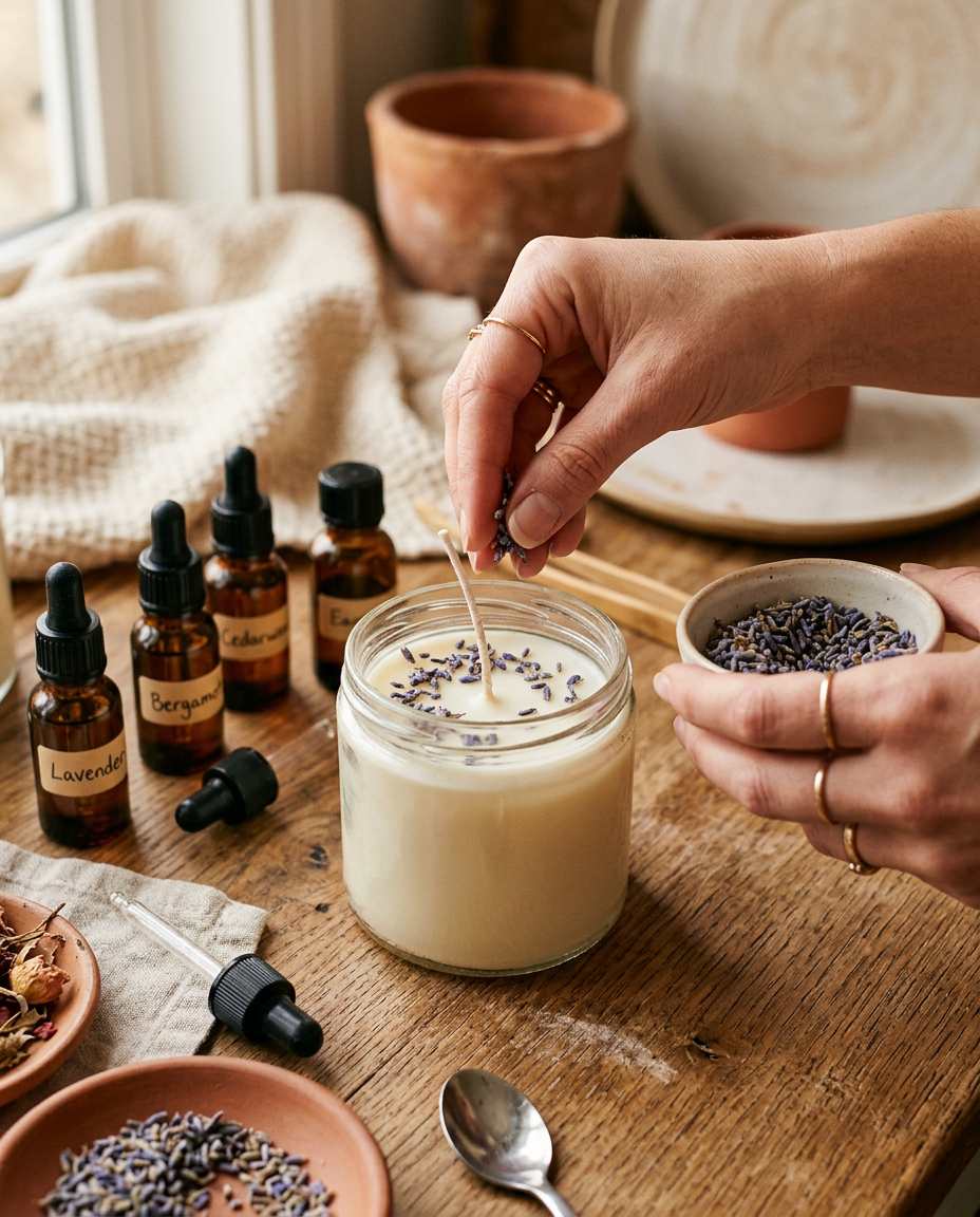 Mains qui décorent une bougie artisanale avec des fleurs de lavande séchées