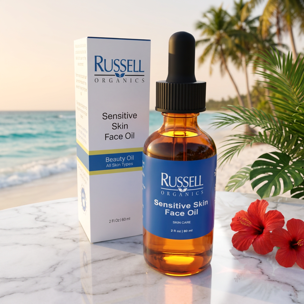 Russell Organics Sensitive Skin Face Oil amber dropper bottle and carton on white marble by the ocean with red hibiscus and palms