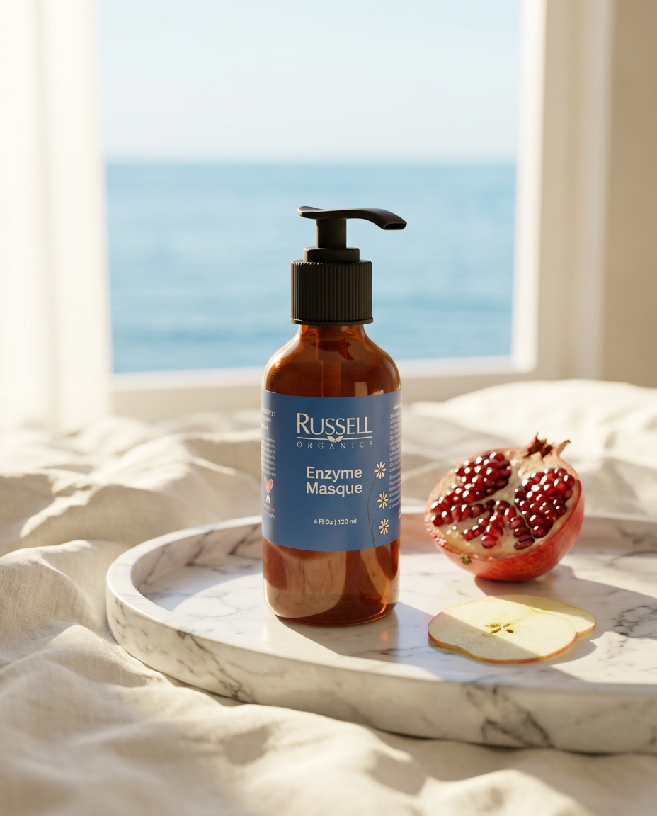 Russell Organics Enzyme Masque on a white marble tray with a halved pomegranate and an apple slice, the ocean beyond