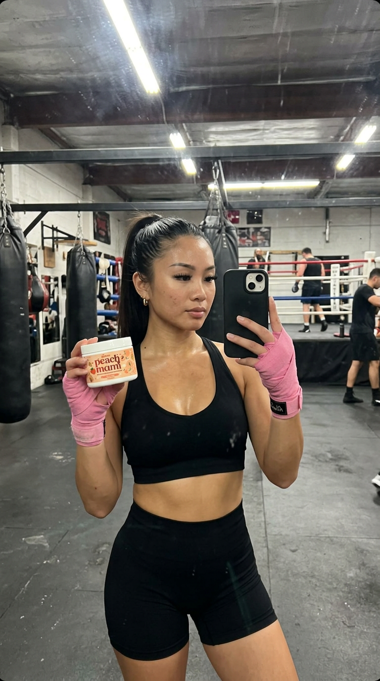 Boxing gym mirror selfie with hand wraps holding Peach Mami