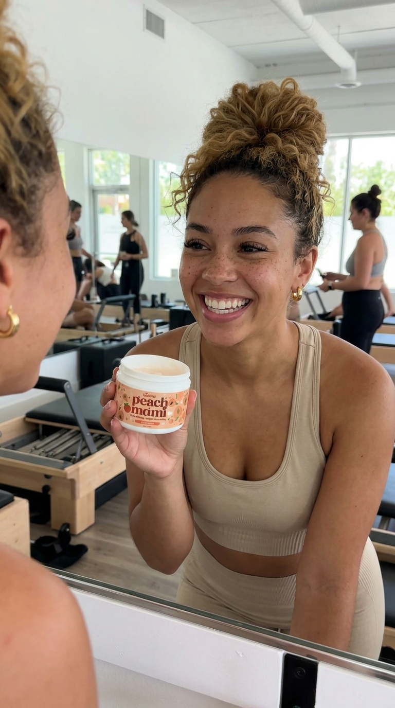 Pilates studio mirror selfie holding Peach Mami