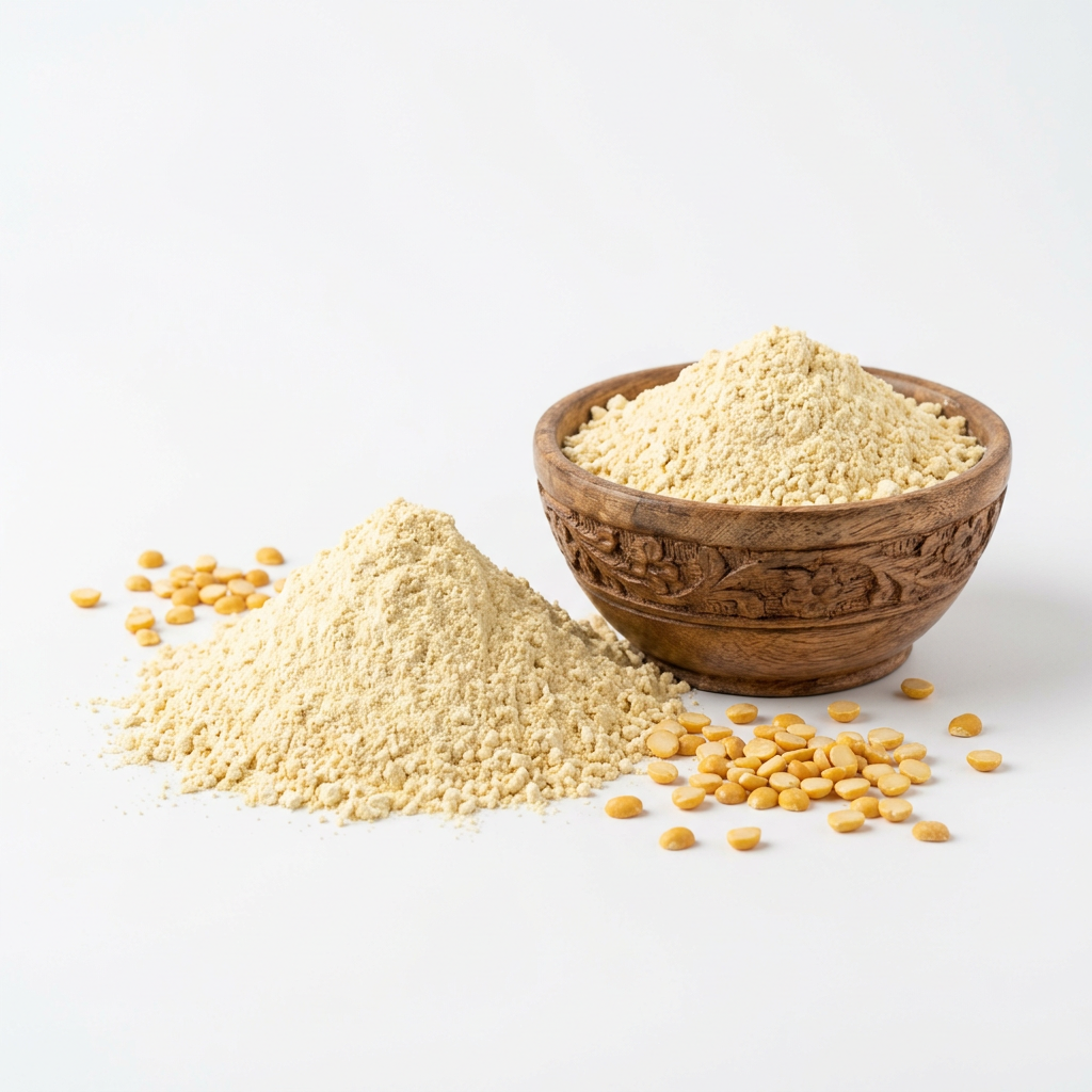 Mound of fine gram flour with a wooden bowl of besan