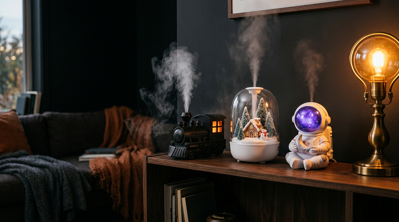Locomotive, Winter Village and Astronaut decorative humidifiers releasing soft mist on a walnut shelf in a lamp-lit living room