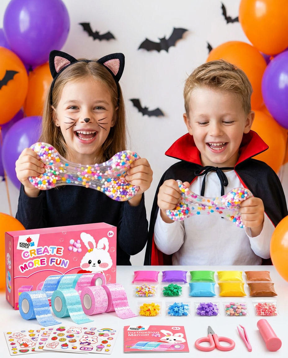 Dzieci w halloweenowych przebraniach śmieją się i ściskają kolorowe Bubble Squishies