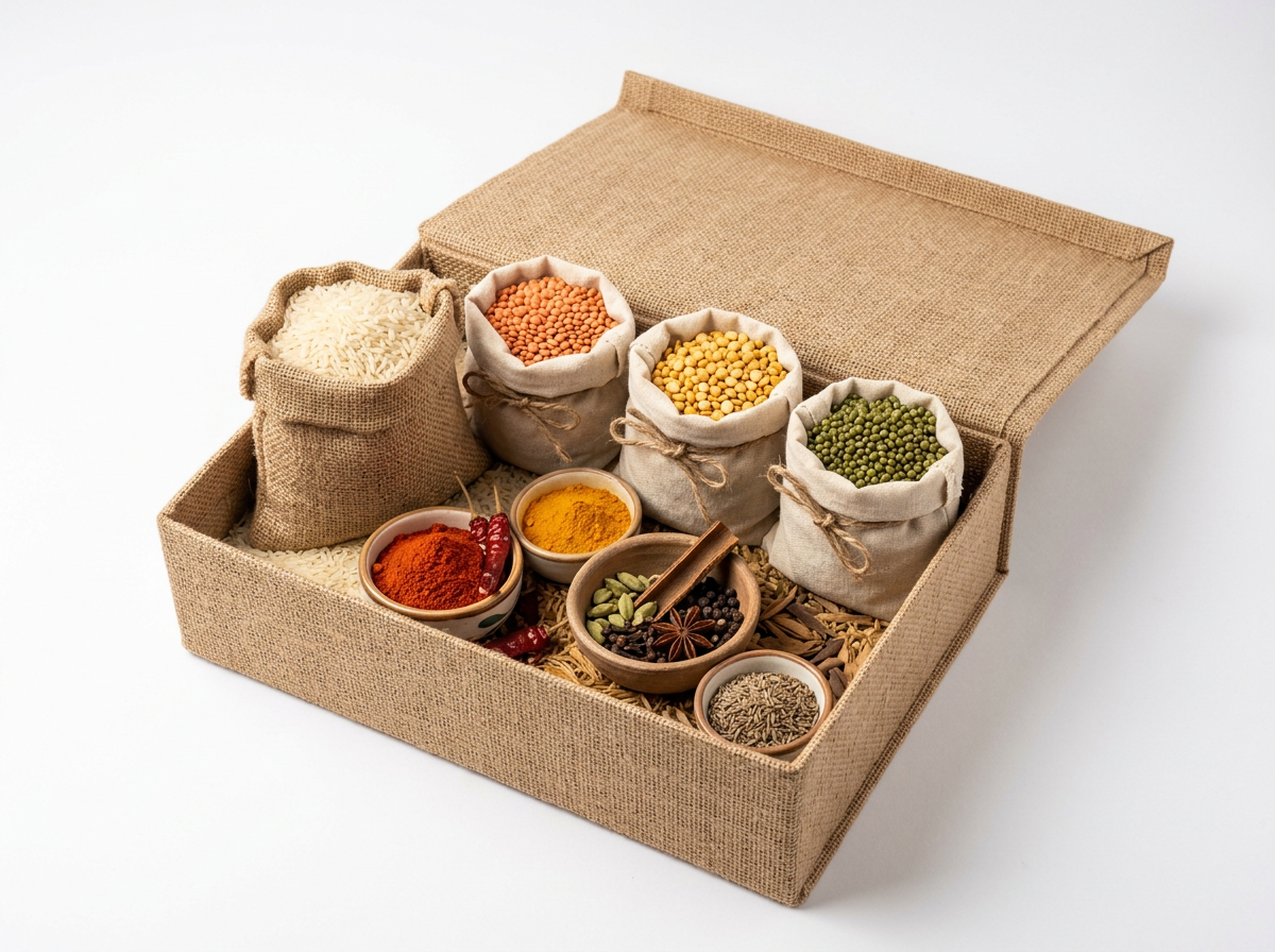 Jute hamper with basmati rice, daals and ground spices