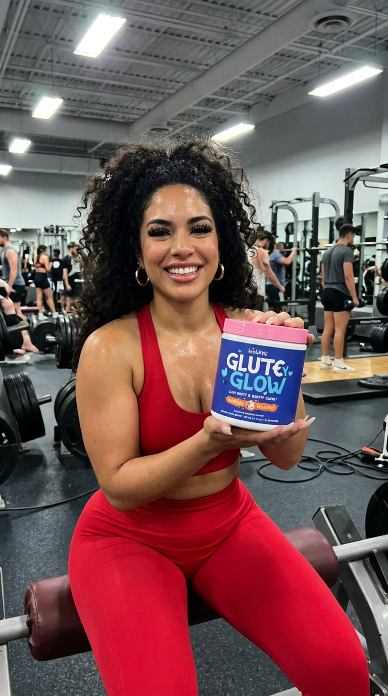 Holding up Glutey Glow on a hip thrust bench in a red set