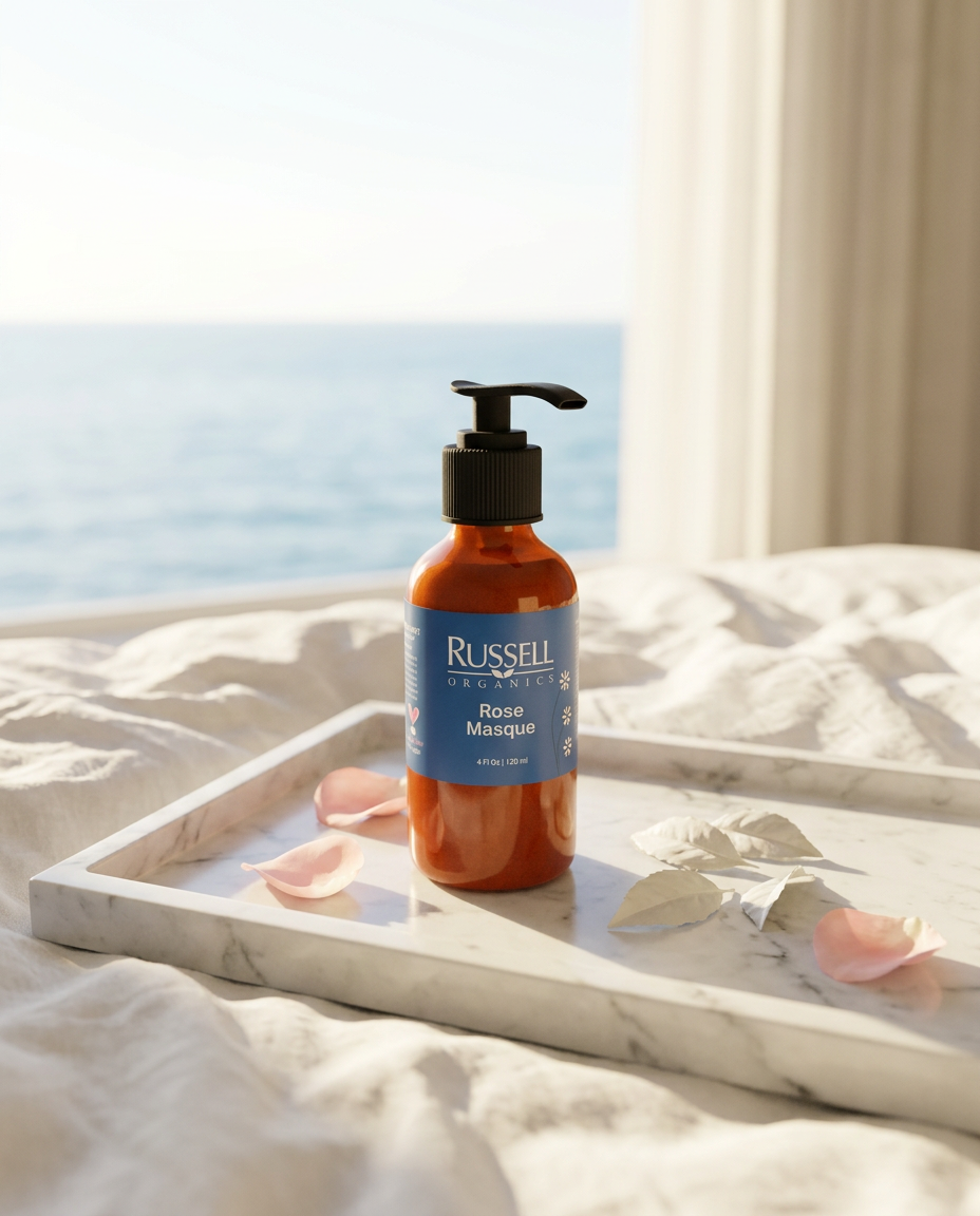 Russell Organics Rose Masque on a white marble tray with rose petals and white tea leaves, the ocean beyond