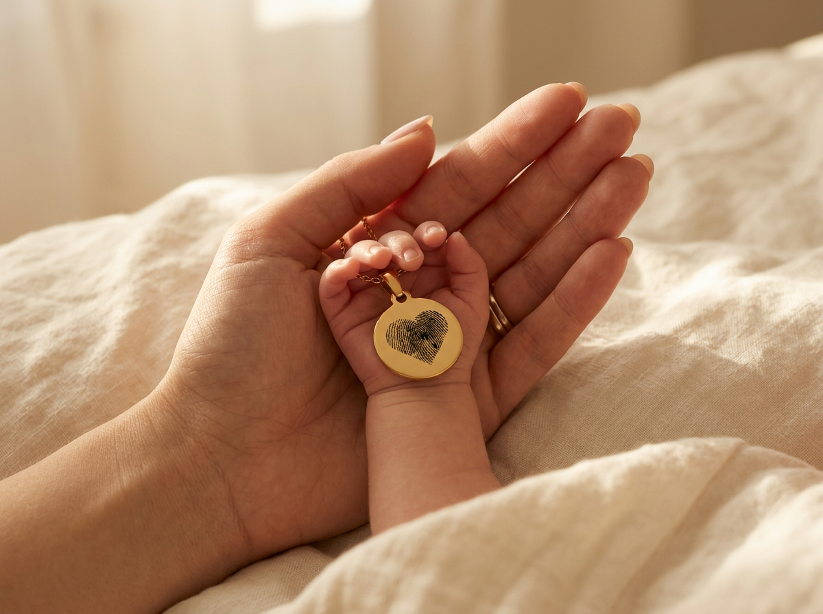 Moeder houdt de hand van haar baby vast met een vingerafdruk ketting in haar handpalm