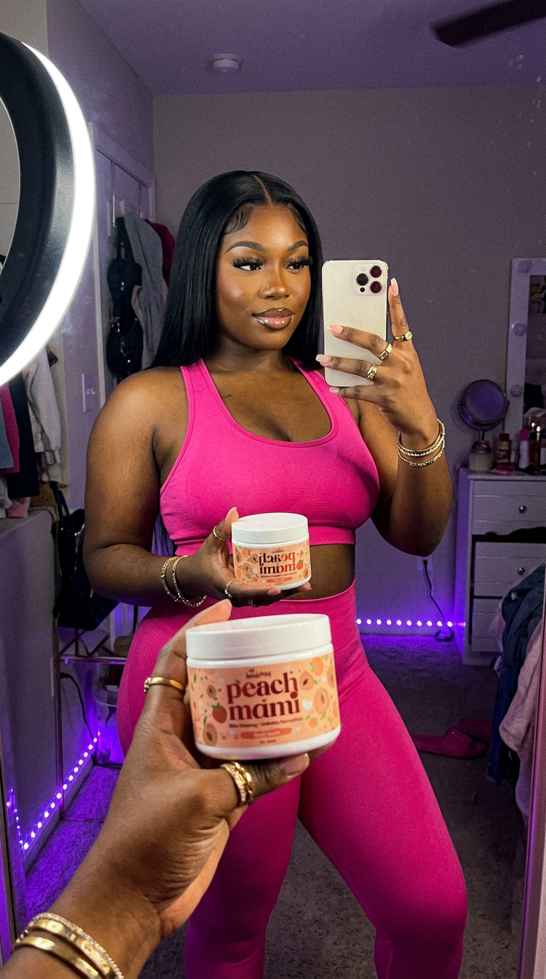 Bedroom mirror selfie under pink LED lights holding Peach Mami