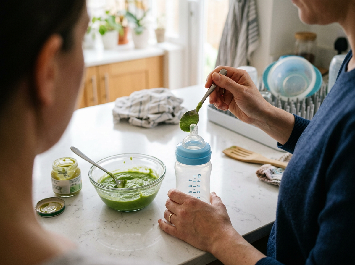 Filling the squeeze bottle with pea puree