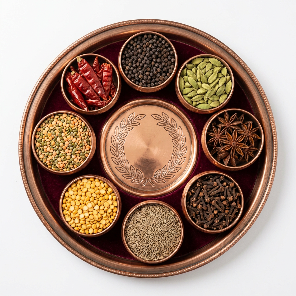 Al Yusaf copper spice tray with the Al Yusaf logo in the center, surrounded by bowls of red chillies, black pepper, cardamom, star anise, cloves, cumin, chana daal and mixed lentils