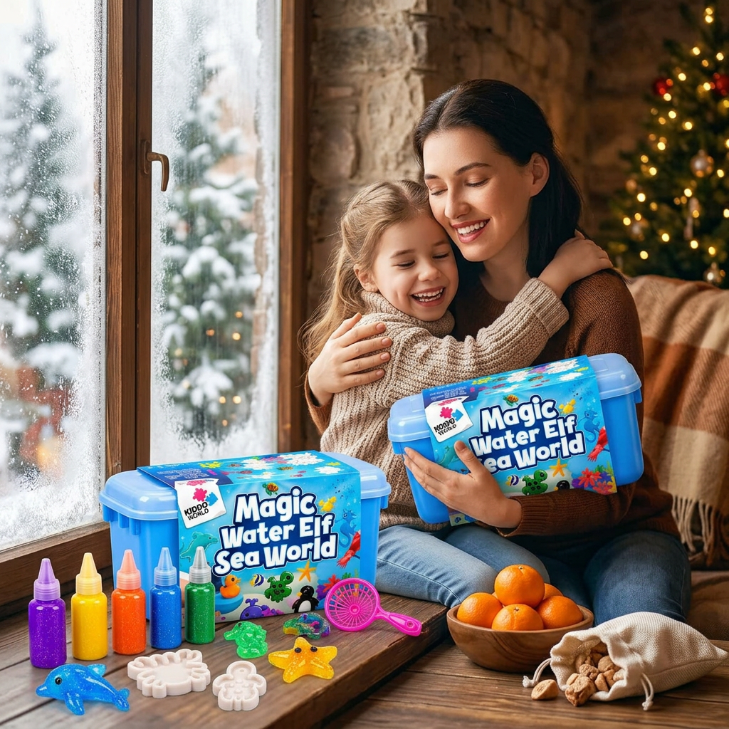 Anyuka átöleli a kislányát, aki Mikuláskor az ablakban megtalálta a Magic Water Squishies készletet