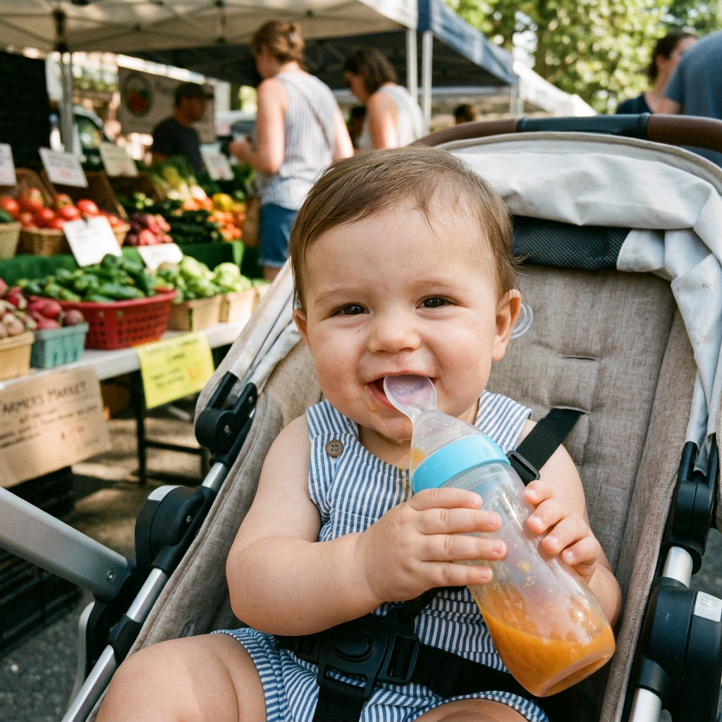 Customer photo: baby in a stroller with the squeeze spoon