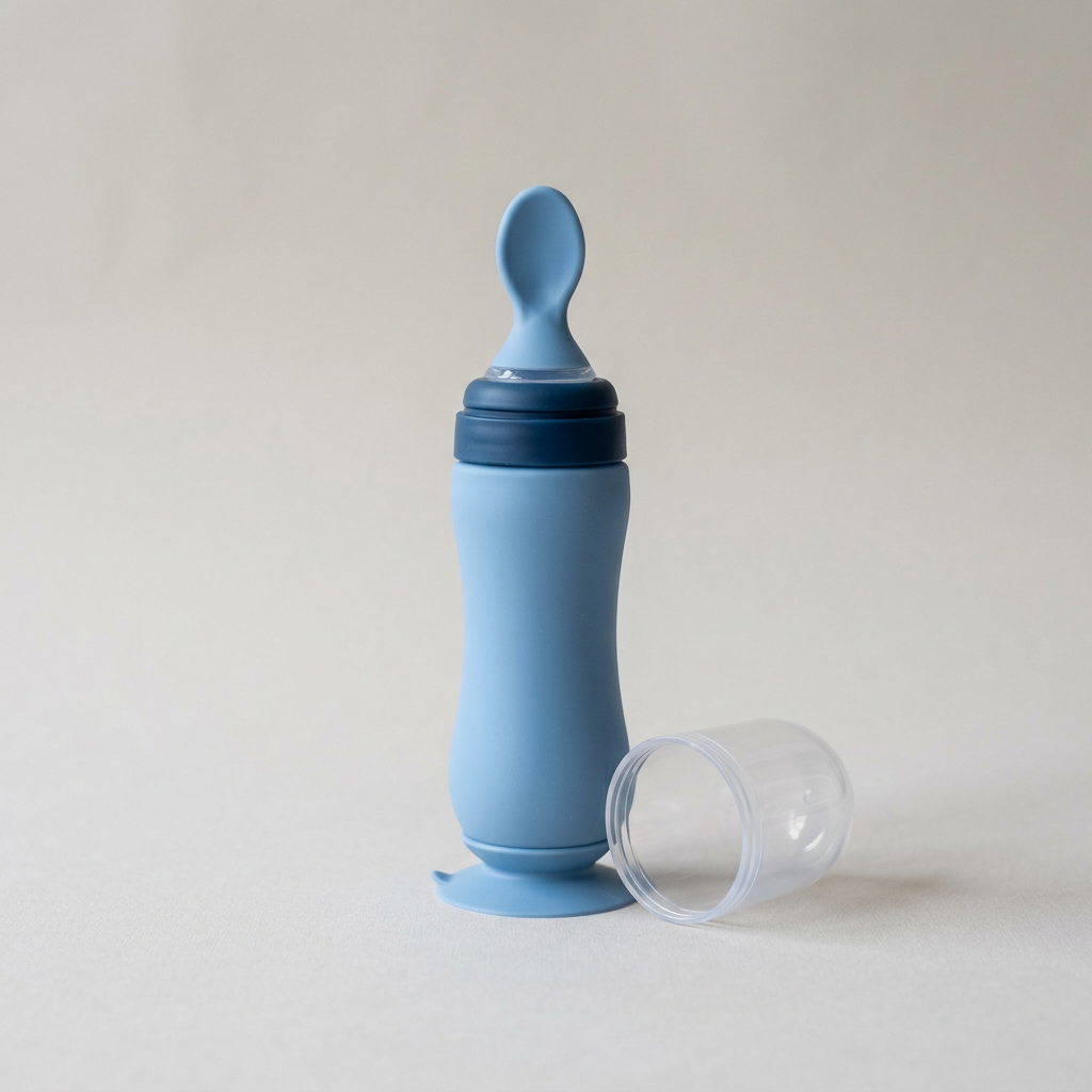 Blue silicone squeeze spoon bottle with stand-up base and travel cap