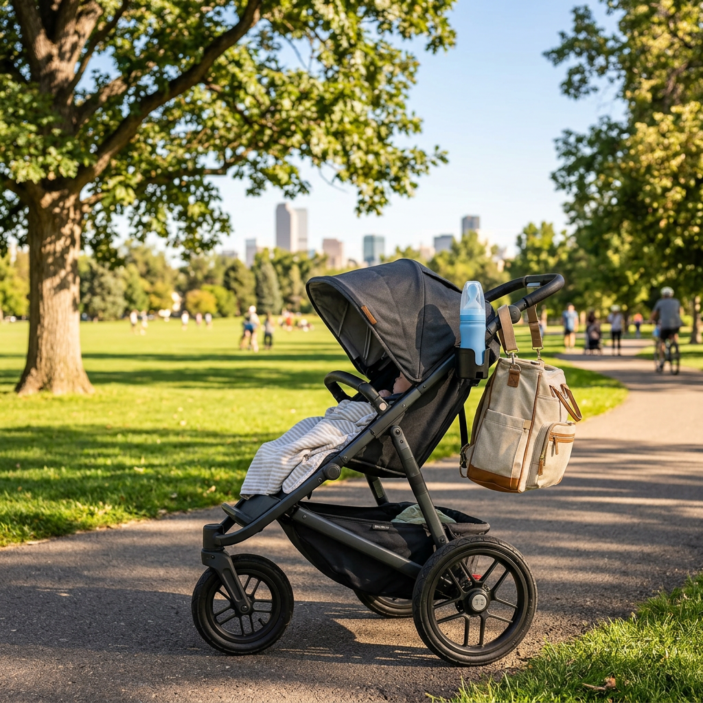 Squeeze spoon with travel cap in a stroller cup holder at the park