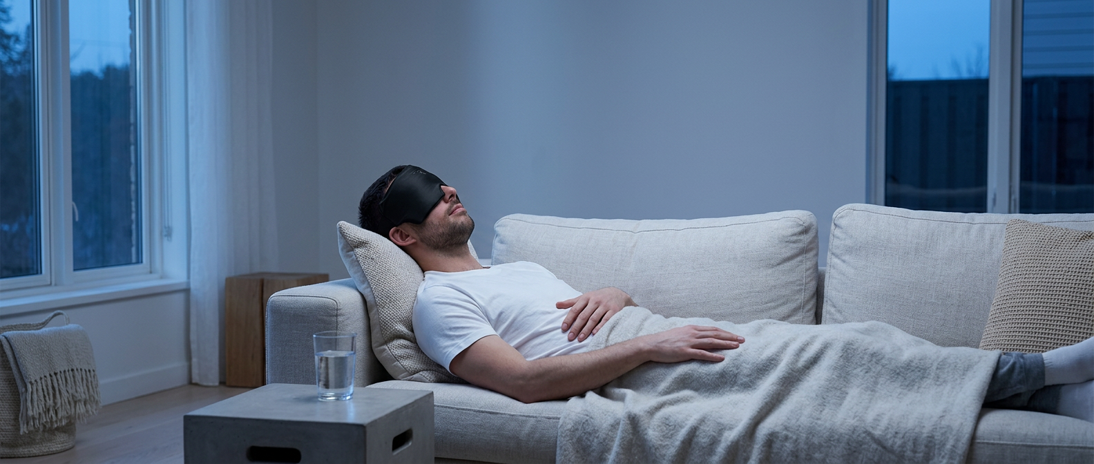Man resting on a sofa at dusk wearing the gel head wrap