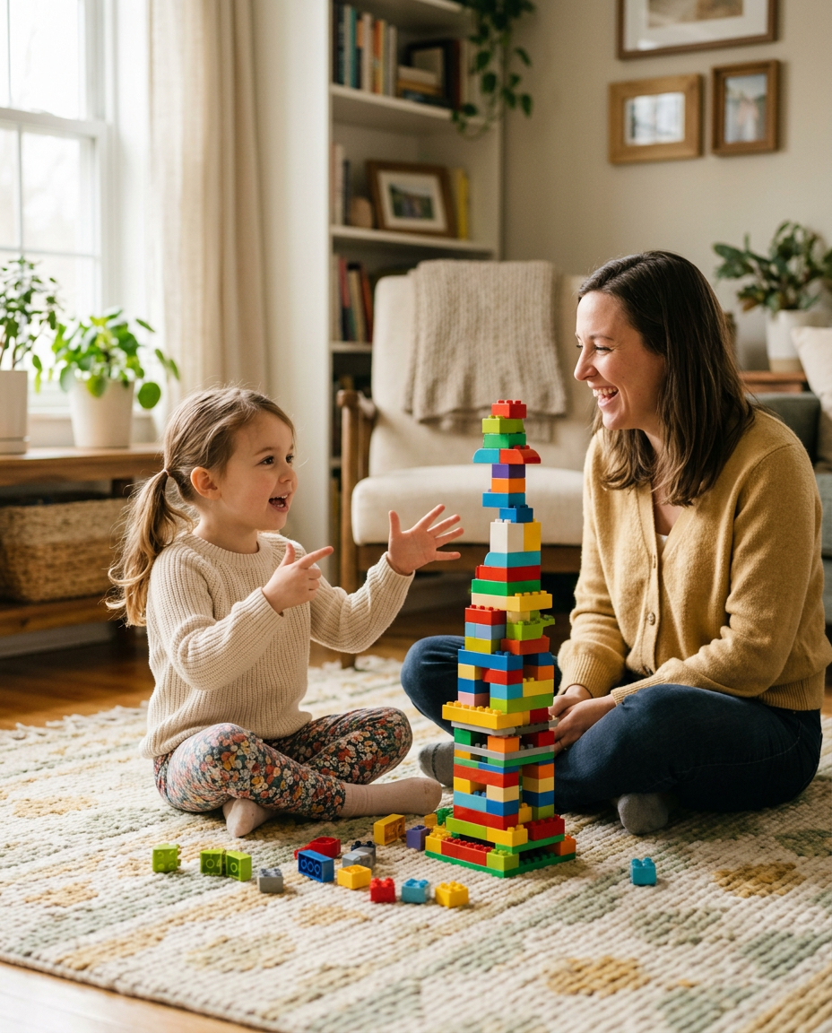 Little girl explaining her toy brick tower to her smiling mother on the living room rug