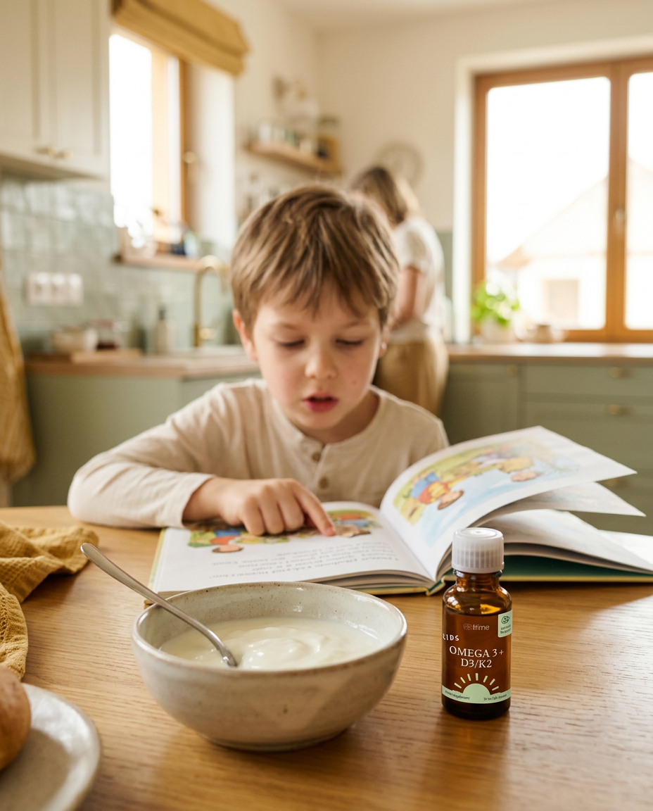 Boy reading a picture book aloud at the breakfast table, a bowl of yogurt and the drops bottle in the foreground
