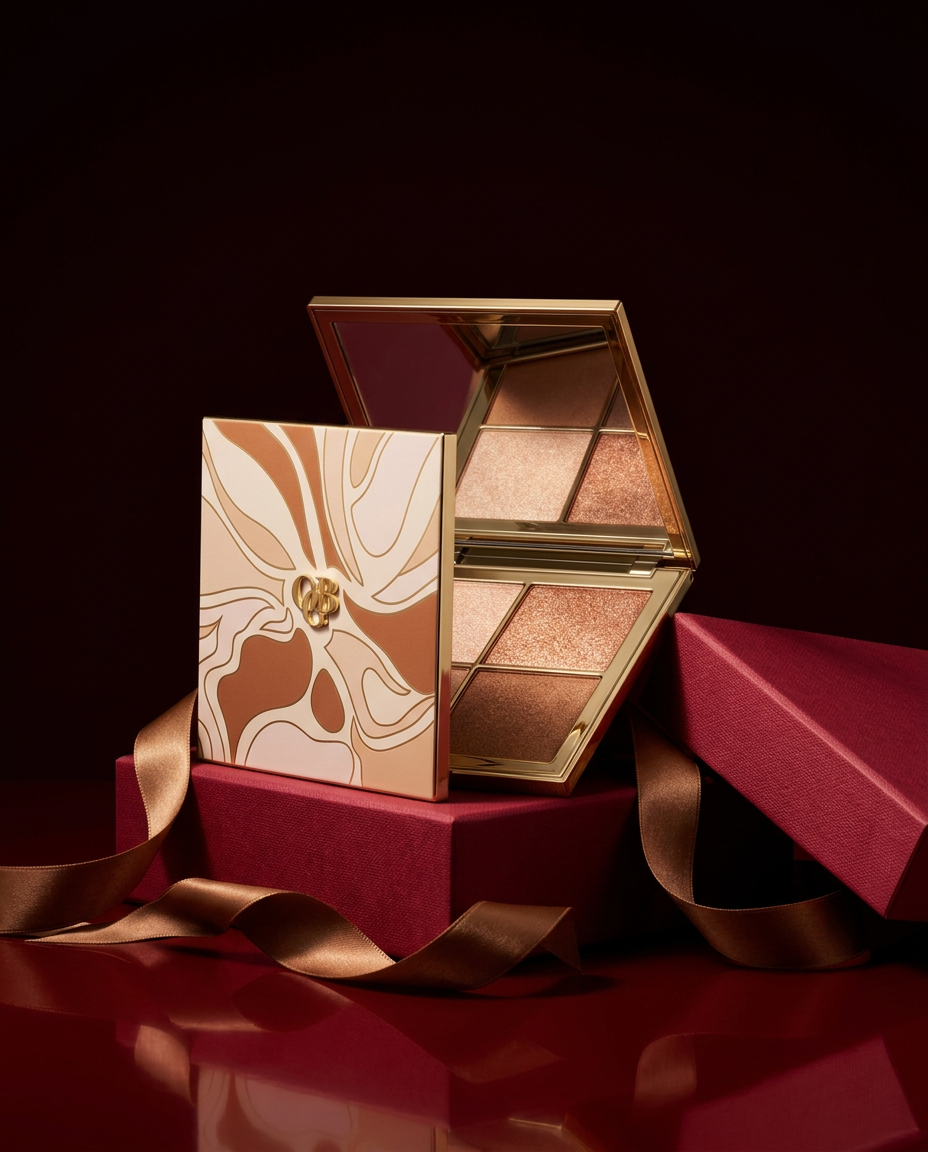 The OGB Glow Palette open on a crimson gift box with a bronze satin ribbon