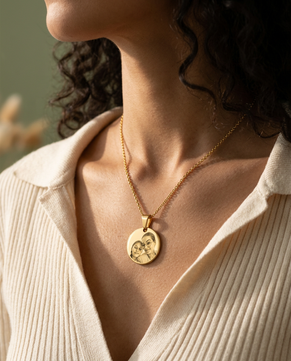 Vrouw draagt een gouden ketting met een gegraveerde portretfoto van moeder en dochter