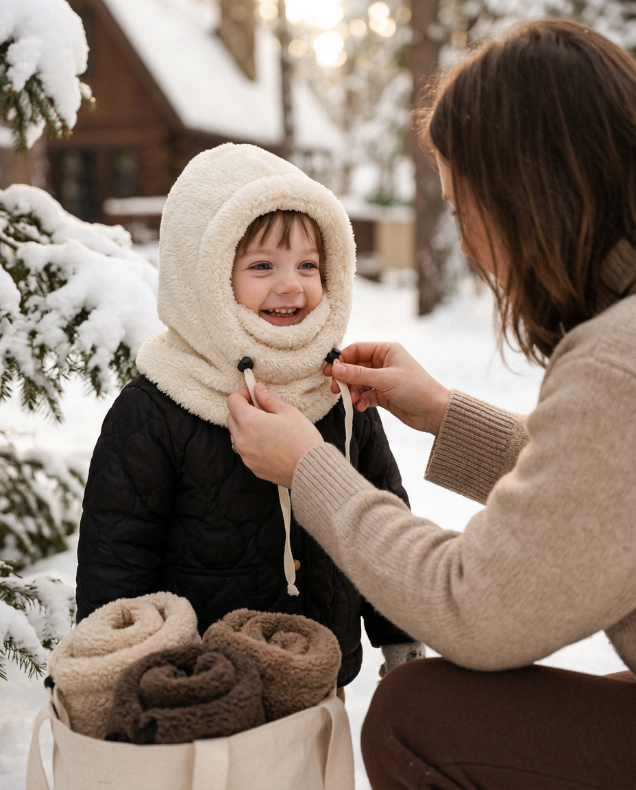 A parent adjusting the drawstring of a Cloud Hood on a smiling toddler on a snowy morning