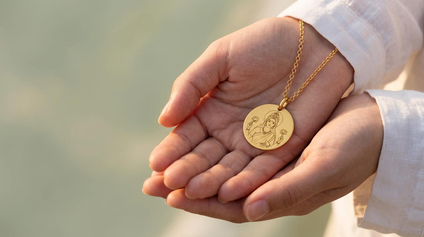 Gouden Lakshmi-hanger in twee handen bij zacht zonlicht